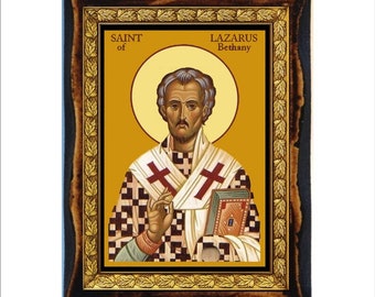 Saint Lazarus - Holy Card - Icon on Handmade Wooden Plaque, Orthodox Religious Art