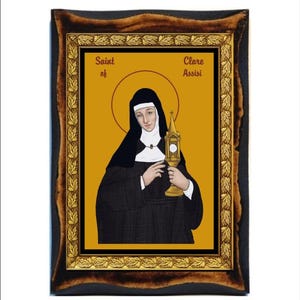 Santa Chiara of Assisi - Holy Card - Icon on Handmade Wooden Plaque, Catholic Religious Art