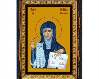Julian of Norwich - Saint Julian - Juliana of Norwich - Sainte Julienne - Julienne de Norwich - Juliana Handmade wood, Holy card on plaque