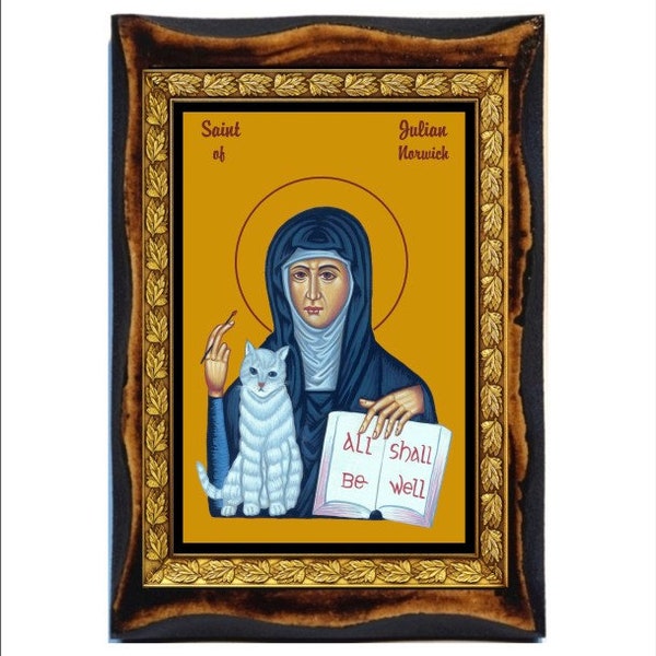 Julianus van Norwich - Saint Julian - Juliana van Norwich - Sainte Julienne - Julienne de Norwich - Juliana Handgemaakt hout, Heilige kaart op plaquette