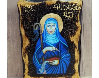 Saint Hildegard - Holy Card - Handmade Wood Icon with 24K Golden Leaf
