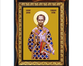 San Juan Crisóstomo - Estampa - Icono en placa de madera hecha a mano, arte religioso ortodoxo