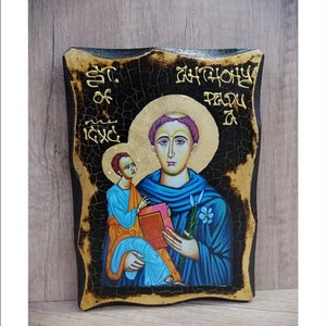 Anthony of Padua -Antoine de Padoue -Antonio di Padova-Antonio de Padua Handmade Wood Icon on plaque with physical aging and Golden Leaf 24K