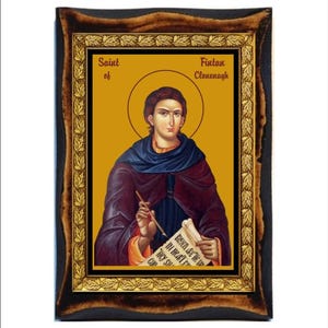 Saint Fintan of Clonenagh - Święty Fintan z Clonenagh - Fintan de Clonenagh - Fintano wa Clonenagh - Handgemaakt hout, heilige kaart op plaquette