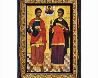 Saints Cosmas and Damian - Holy Card - Icon on Handmade Wooden Plaque, Orthodox Religious Art