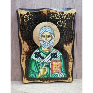 Patrick of Ireland - Saint Patrick - Patrick d'Irlande - San Patrizio Handmade Wood Icon on plaque with physical aging and Golden Leaf 24K