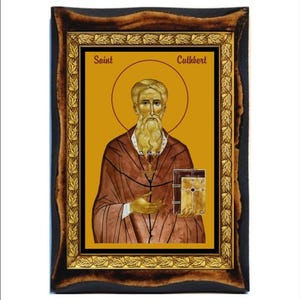 Saint Cuthbert-Cuthbert de Lindisfarne-San Cutberto-Cuthbertus-Kutbert z Lindisfarne-São Cuteberto- Legno fatto a mano, Santino su placca