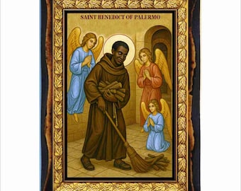 San Benito de Palermo - Estampa - Icono en placa de madera hecha a mano, Arte Religioso Católico