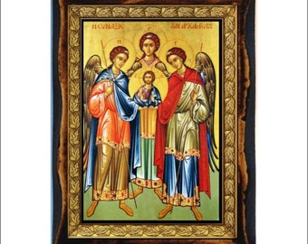 Arcángeles Miguel, Gabriel y Rafael - Estampa sagrada - Icono en placa de madera hecha a mano, arte religioso ortodoxo