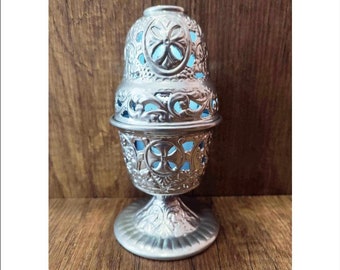 Silver Standing Oil Lamp - Table Oil Lamp - Oil Vigil Lamp Brass -Oil Candle with Glass Cup Home Decor -Oil Candle -Electric Lamp with flame