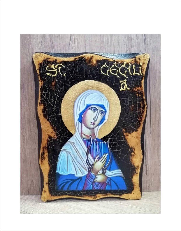 Handmade Saint Cecilia Wood Icon: 24K Golden Leaf Plaque
