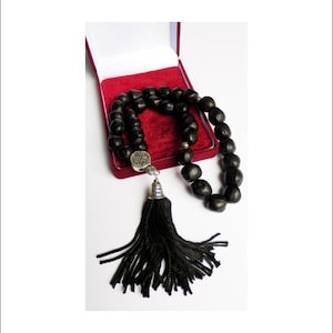 Chapelet de prière 33 perles pour main avec myrrhe sacrée - Chapelet noir à l'arôme de muscade - Perles de prière à l'huile d'onction sainte via 33 prières