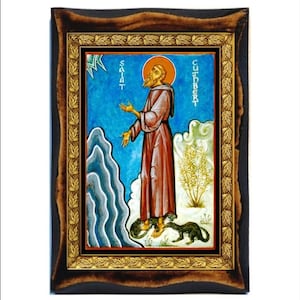 Saint Cuthbert-Cuthbert de Lindisfarne-San Cutberto-Cuthbertus-Kutbert z Lindisfarne-São Cuteberto- Legno fatto a mano, Santino su placca