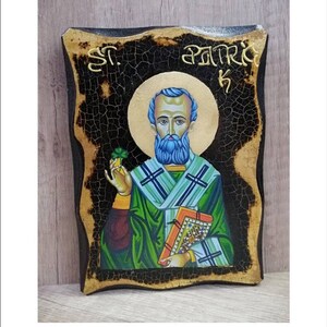 Patrick of Ireland - Saint Patrick - Patrick d'Irlande - San Patrizio  Handmade Wood Icon on plaque with physical aging and Golden Leaf 24K