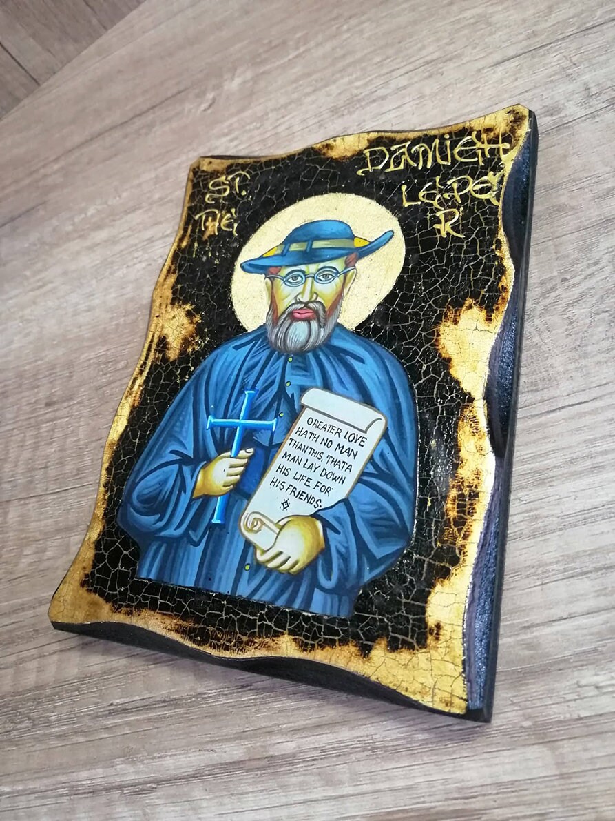 Saint Damien of Molokai - Icon on Handmade Wooden Plaque, With 24K ...
