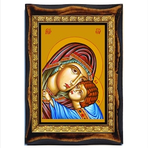 Virgen María del Dulce Beso - Glykofilousa - Virgen María del Dulce Beso -Vergine Maria del dolce bacio Madera hecha a mano, Estampa en placa