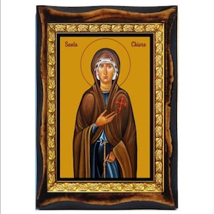 Santa Chiara of Assisi - Holy Card - Icon on Handmade Wooden Plaque, Catholic Religious Art