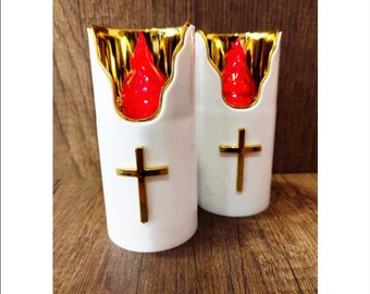 Candlestick with embossed Gold Cross and LED electric red flame - Lamp with LED electric flame for outdoor - Outdoor Glass Candle for Graves