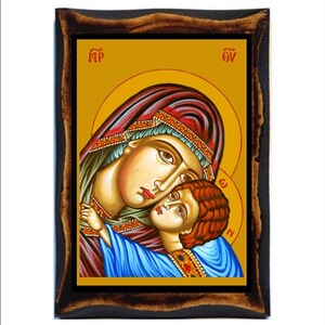 Maagd Maria zoete kus - Glykofilousa - Maagd Maria van de zoete kus - Vergine Maria del dolce bacio Handgemaakt hout, heilige kaart op plaquette
