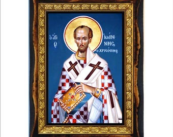 San Juan Crisóstomo - Estampa - Icono en placa de madera hecha a mano, arte religioso ortodoxo