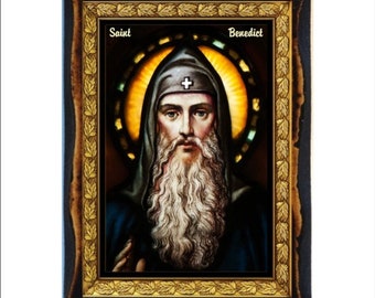 San Benito - Estampa - Icono en placa de madera hecha a mano, arte religioso católico