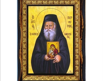 San Porfirio - Estampa - Icono en placa de madera hecha a mano, arte religioso ortodoxo