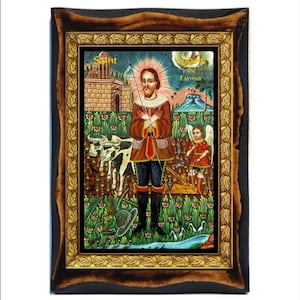 May include: A framed religious icon depicting a saintly figure with a halo, set in a field with cows and an angel. The artwork is in a colorful, folk art style, with the words "Saint" and "the Farmer" visible.