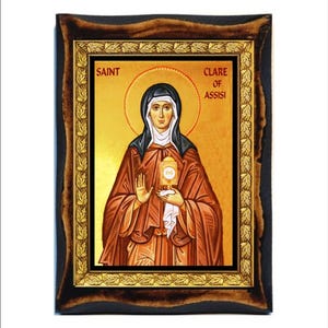 Saint Clare of Assisi - Holy Card - Icon on Handmade Wooden Plaque, Catholic Religious Art