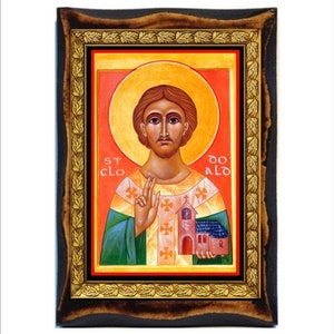 Saint Cloud - Cartão Sagrado - Ícone em placa de madeira feita à mão, arte religiosa católica