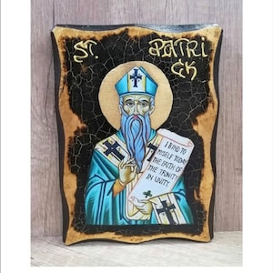Patrick of Ireland - Saint Patrick - Patrick d'Irlande - San Patrizio Handmade Wood Icon on plaque with physical aging and Golden Leaf 24K