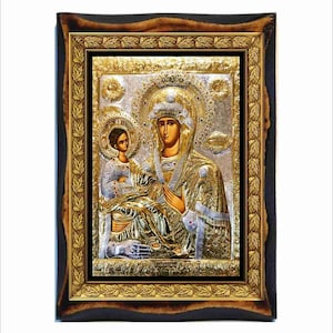 Vergine Maria Triherousa - Santo Monastero Hilandar sul Monte Athos Greco Ortodosso Russo Serbo Bizantino Cristiano Icona su Legno