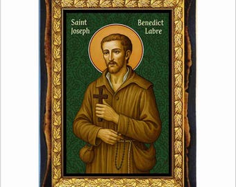 San Benito José Labre - Estampa religiosa - Icono en placa de madera hecha a mano, Arte religioso católico