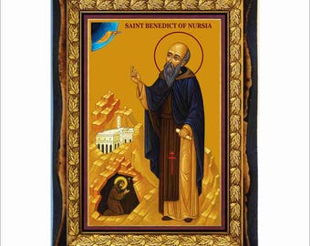 San Benito - Estampa - Icono en placa de madera hecha a mano, arte religioso católico