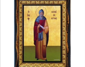 San Benito - Estampa - Icono en placa de madera hecha a mano, arte religioso ortodoxo