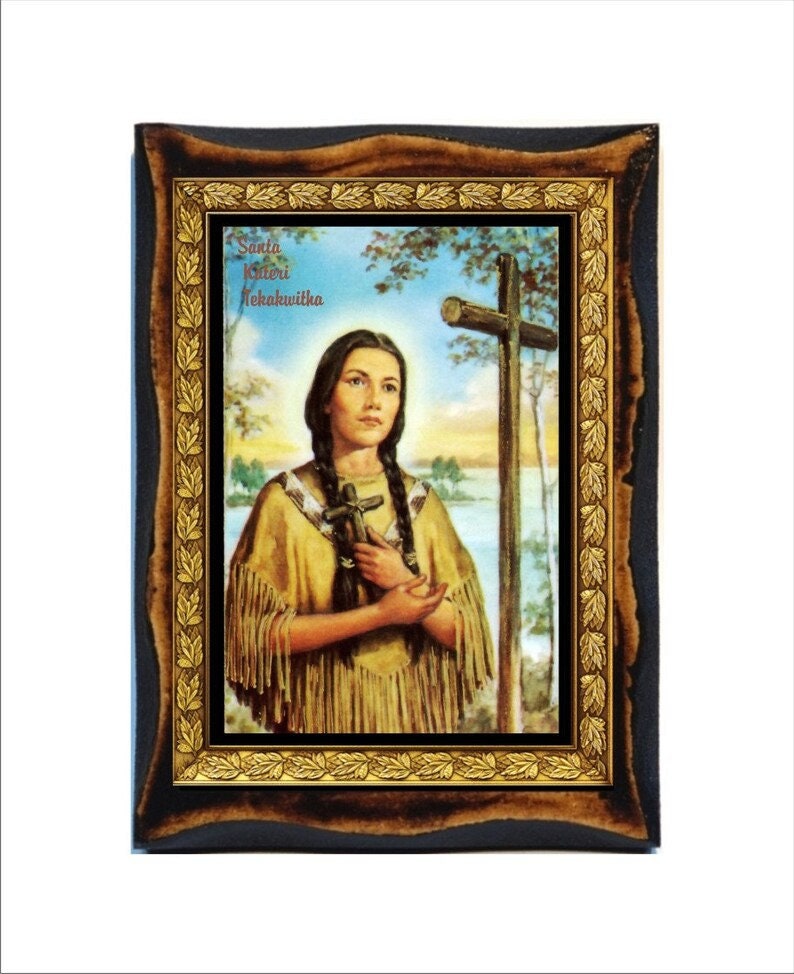 Heilige Kateri Tekakwitha - Ikone auf handgefertigter Holztafel, katholische religiöse Kunst