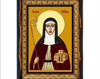 Santa Hilda - Estampa Sagrada - Icono en placa de madera hecha a mano, Arte Religioso Católico