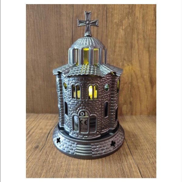 Gray Standing Church Oil Lamp - Table Oil Lamp - Oil Vigil Lamp Brass - Oil Candle with Glass Cup Home Decor - Oil Candle Church -Gray color