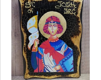 Handmade Saint Joan of Arc Wood Icon with 24K Golden Leaf