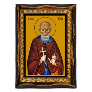 Saint Bede - Holy Card - Icon on Handmade Wooden Plaque, Catholic Religious Art