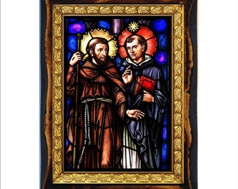 Santos Francisco y Domingo - Estampa Sagrada - Icono en placa de madera hecha a mano, Arte Religioso Católico