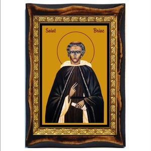 Saint Briag - Saint Briac - San Briaco eremita - Саинт Бриац - Sint Briac - Handgemaakt hout, Heilige kaart op plaquette