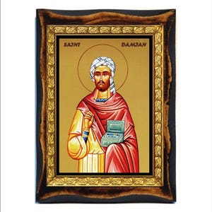 Saint Damian - Saint Damián - Santo Damián - Santi Damiano - Damianus - São Damião - Sankt Damianus - Handgemaakt hout, Heilige kaart op plaquette