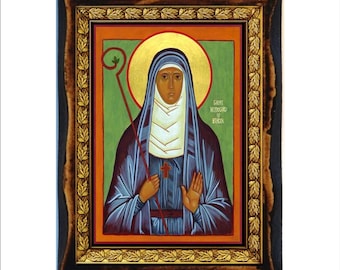 Santa Ildegarda di Bingen - Immagine sacra - Icona su targa di legno fatta a mano, arte religiosa cattolica