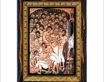 May include: A framed religious icon depicting a scene of a group of people in a crowded setting. The icon is painted in a traditional style with vibrant colors and intricate details. The figures are depicted in a variety of poses, some standing, some kneeling, and some lying down. The icon is framed in a dark wood frame with a gold trim.