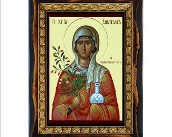 Heilige Anastasia van Sirmium - Heilige kaart - Handgemaakte houten plaquette
