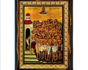 May include: An icon depicting a group of people, likely saints, standing in a procession. The icon is framed in a dark wood frame with gold accents. The icon is painted in a traditional style with vibrant colors. The text at the top of the icon reads "ΟΙ ΑΓΙΟΙ ΘΕΟΔΩΡΟΙ" and "ΚΟΝΤΑ ΠΑΡΓΥΡΗ".