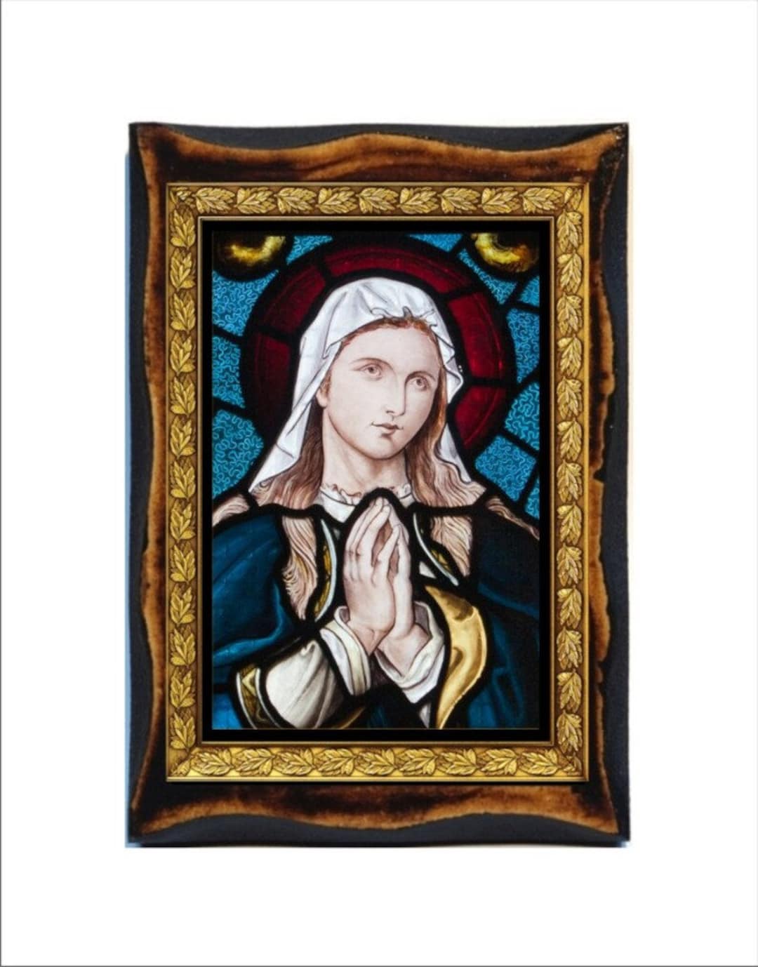 Virgin Mary Praying Hands - Holy Card - Icon on Handmade Wooden Plaque ...