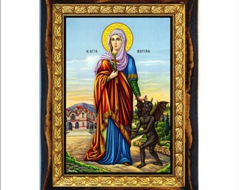 Saint Marina - Heilige kaart - pictogram op handgemaakte houten plaquette, orthodoxe religieuze kunst