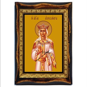 Die Heilige Alexandra - Heilige Karte - Ikone auf Handgemachter Holzplakette, Syntagmische Religiöse Kunst