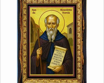 San Benito - Estampa - Icono en placa de madera hecha a mano, arte religioso católico